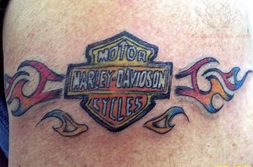 Flaming Harley Davidson Logo Color Ink Tattoo